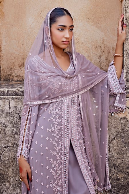 Shop_Amitabh Malhotra_Purple Georgette Embellished Sequin Leaf Neck Kurta Skirt Set _Online_at_Aza_Fashions