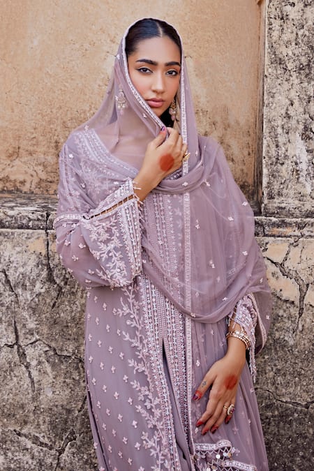 Amitabh Malhotra_Purple Georgette Embellished Sequin Leaf Neck Kurta Skirt Set _at_Aza_Fashions