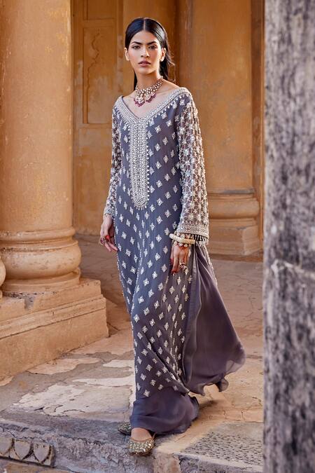 Amitabh Malhotra_Grey Georgette Embellished Mirror V Neck Kurta Sharara Set  _at_Aza_Fashions