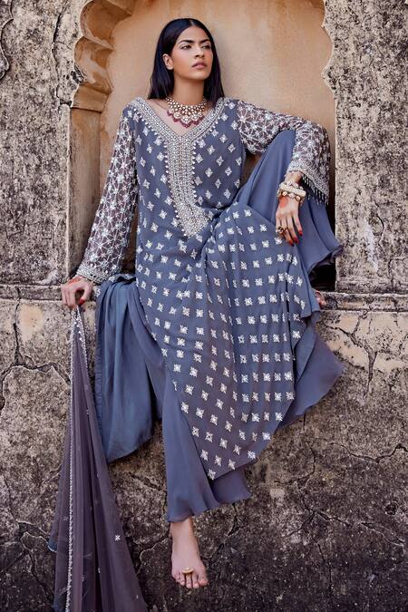 Buy_Amitabh Malhotra_Grey Georgette Embellished Mirror V Neck Kurta Sharara Set  