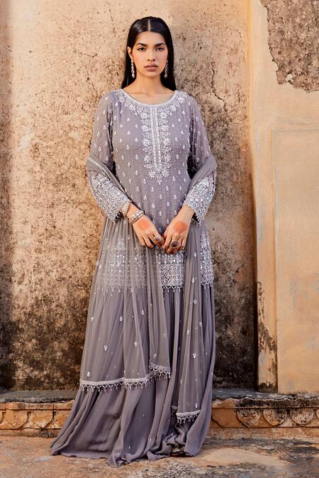 Buy_Amitabh Malhotra_Grey Georgette Embellished Sequin Round Kurta Skirt Set _Online_at_Aza_Fashions