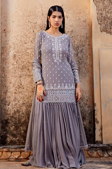 Shop_Amitabh Malhotra_Grey Georgette Embellished Sequin Round Kurta Skirt Set _Online_at_Aza_Fashions