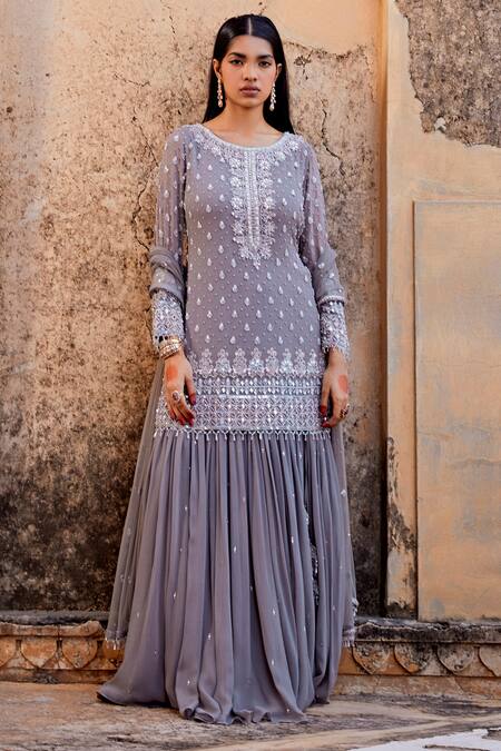 Amitabh Malhotra_Grey Georgette Embellished Sequin Round Kurta Skirt Set _at_Aza_Fashions