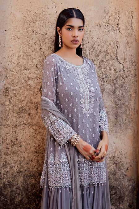 Buy_Amitabh Malhotra_Grey Georgette Embellished Sequin Round Kurta Skirt Set 