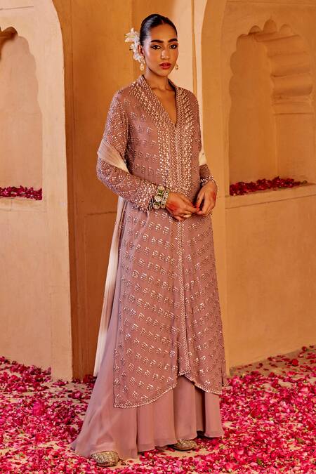 Shop_Amitabh Malhotra_Purple Georgette Embroidered And Embellished Sequin V Kurta Sharara Set  _Online_at_Aza_Fashions