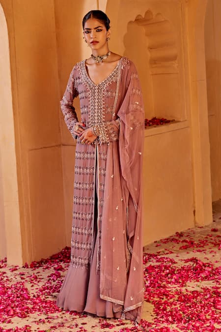 Buy Amitabh Malhotra Purple Georgette Embroidered And Embellished Cut Dana Kurta Sharara Set Online at Aza Fashions Buy_Amitabh Malhotra_Purple Georgette Embroidered And Embellished Cut Dana Kurta Sharara Set _Online_at_Aza_Fashions