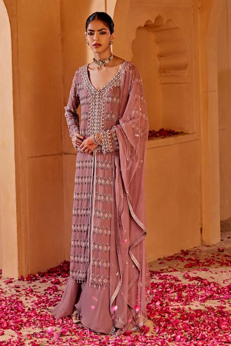 Shop Amitabh Malhotra Purple Georgette Embroidered And Embellished Cut Dana Kurta Sharara Set Online at Aza Fashions Shop_Amitabh Malhotra_Purple Georgette Embroidered And Embellished Cut Dana Kurta Sharara Set _Online_at_Aza_Fashions