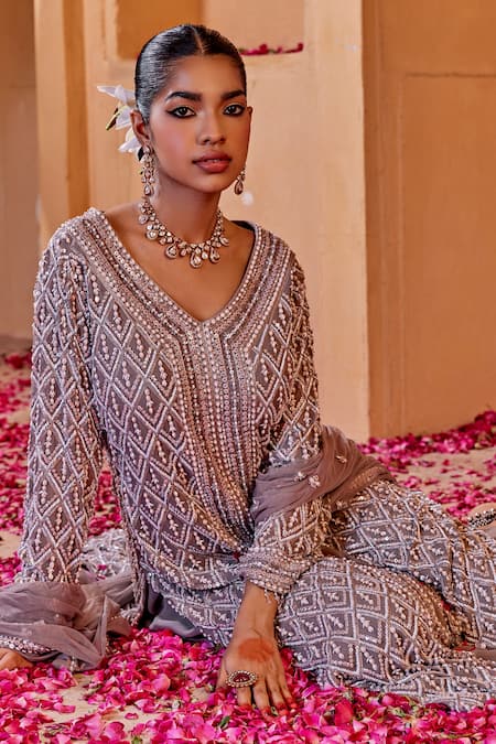 Amitabh Malhotra_Grey Georgette And Soft Net Embroidery & Embellished Kurta Sharara Set  _Online_at_Aza_Fashions