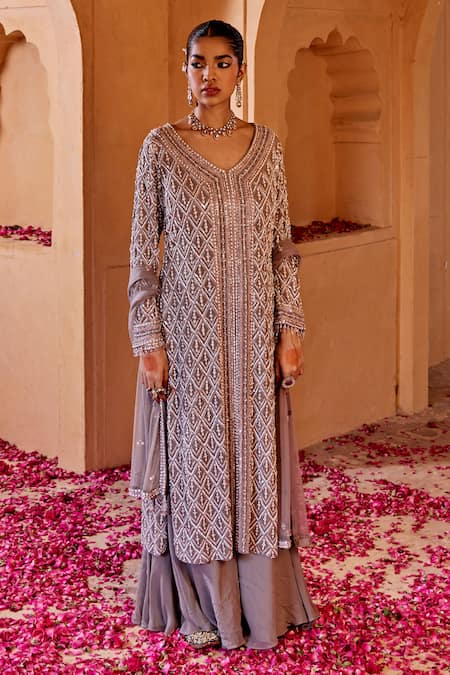 Buy_Amitabh Malhotra_Grey Georgette And Soft Net Embroidery & Embellished Kurta Sharara Set  _Online_at_Aza_Fashions
