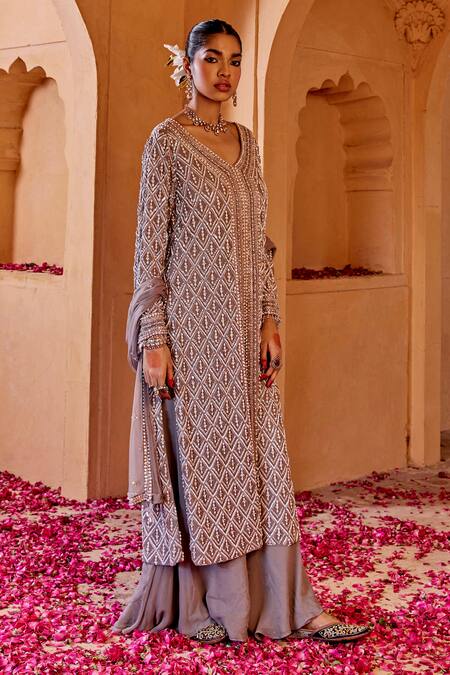 Shop_Amitabh Malhotra_Grey Georgette And Soft Net Embroidery & Embellished Kurta Sharara Set  _Online_at_Aza_Fashions