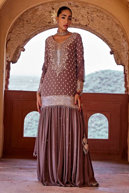 Buy Amitabh Malhotra Purple Georgette Embroidered And Embellished Sequin V Neck Floral Kurta Skirt Set Online at Aza Fashions Buy_Amitabh Malhotra_Purple Georgette Embroidered And Embellished Sequin V Neck Floral Kurta Skirt Set _Online_at_Aza_Fashions