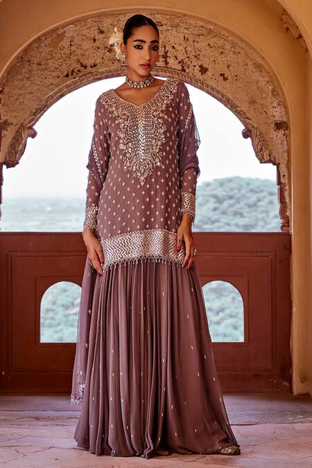 Amitabh Malhotra Purple Georgette Embroidered And Embellished Sequin V Neck Floral Kurta Skirt Set at Aza Fashions Amitabh Malhotra_Purple Georgette Embroidered And Embellished Sequin V Neck Floral Kurta Skirt Set _at_Aza_Fashions