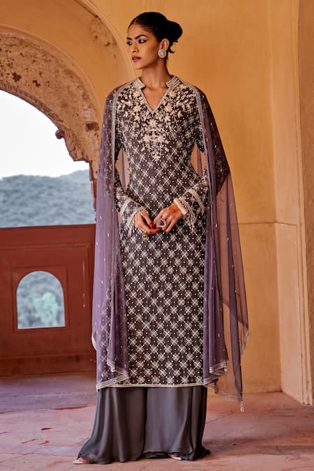 Amitabh Malhotra Grey Georgette Embroidered And Embellished Pearl Kurta Sharara Set  