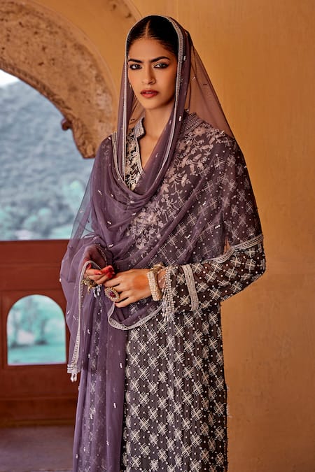 Buy_Amitabh Malhotra_Grey Georgette Embroidered And Embellished Pearl Kurta Sharara Set  _Online_at_Aza_Fashions