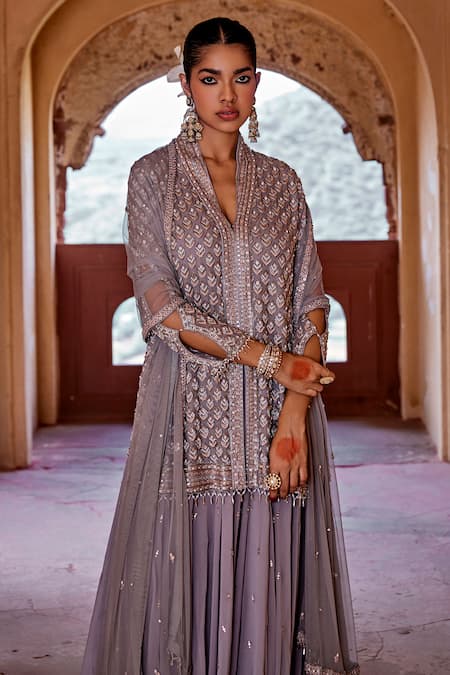 Buy_Amitabh Malhotra_Grey Georgette Embroidered And Embellished Short Kurta Sharara Set  _Online_at_Aza_Fashions