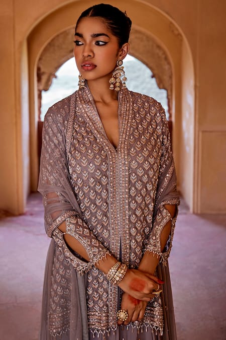 Shop_Amitabh Malhotra_Grey Georgette Embroidered And Embellished Short Kurta Sharara Set  _Online_at_Aza_Fashions
