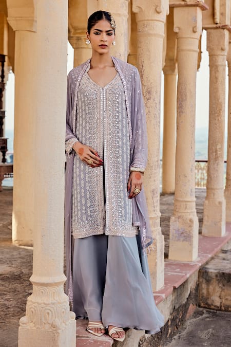 Amitabh Malhotra Grey Georgette Embroidered And Embellished Mirror Kurta Sharara Set  