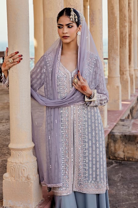 Buy_Amitabh Malhotra_Grey Georgette Embroidered And Embellished Mirror Kurta Sharara Set  _Online_at_Aza_Fashions