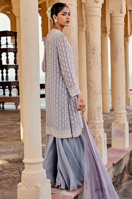 Amitabh Malhotra_Grey Georgette Embroidered And Embellished Mirror Kurta Sharara Set  _at_Aza_Fashions