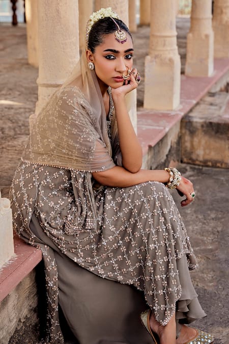 Buy Amitabh Malhotra Green Georgette Embroidered And Embellished 3d Floral Boat Neck Kurta Sharara Set Online at Aza Fashions Buy_Amitabh Malhotra_Green Georgette Embroidered And Embellished 3d Floral Boat Neck Kurta Sharara Set _Online_at_Aza_Fashions