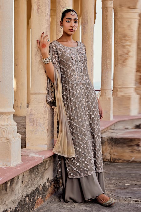 Shop Amitabh Malhotra Green Georgette Embroidered And Embellished 3d Floral Boat Neck Kurta Sharara Set Online at Aza Fashions Shop_Amitabh Malhotra_Green Georgette Embroidered And Embellished 3d Floral Boat Neck Kurta Sharara Set _Online_at_Aza_Fashions