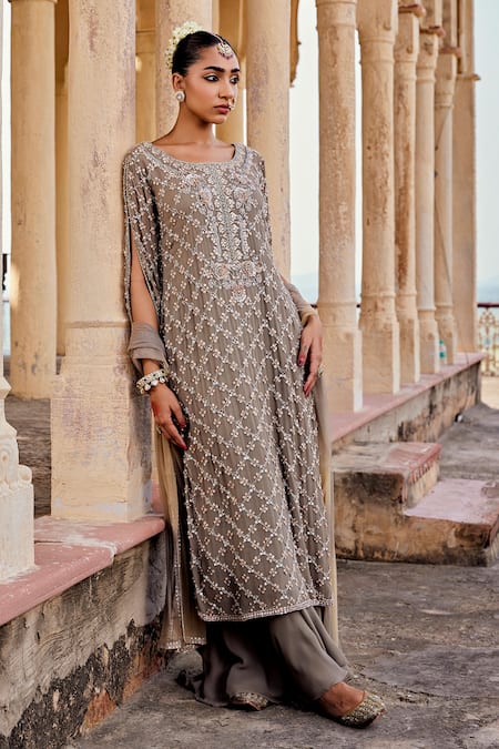 Amitabh Malhotra Green Georgette Embroidered And Embellished 3d Floral Boat Neck Kurta Sharara Set at Aza Fashions Amitabh Malhotra_Green Georgette Embroidered And Embellished 3d Floral Boat Neck Kurta Sharara Set _at_Aza_Fashions