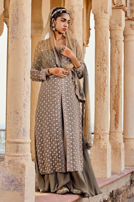 Buy_Amitabh Malhotra_Green Georgette, Net Pearls, Sequins, Beads, And Embroidered Kurta Sharara Set _Online_at_Aza_Fashions