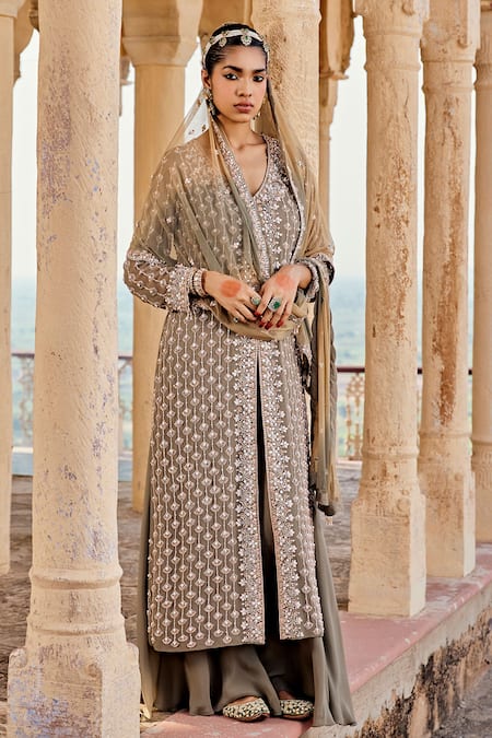 Shop_Amitabh Malhotra_Green Georgette, Net Pearls, Sequins, Beads, And Embroidered Kurta Sharara Set _Online_at_Aza_Fashions