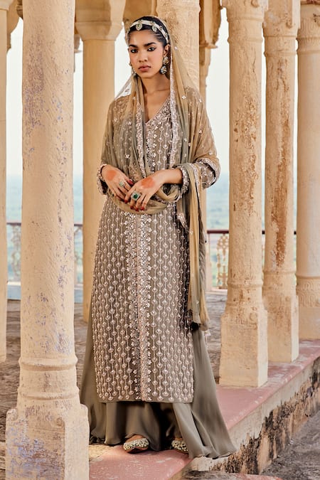 Amitabh Malhotra_Green Georgette, Net Pearls, Sequins, Beads, And Embroidered Kurta Sharara Set _at_Aza_Fashions
