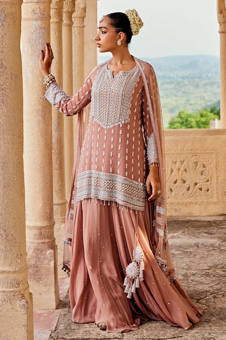 Buy_Amitabh Malhotra_Peach Georgette, Net Pearls, Sequins, Beads, Floral Embroidered Kurta Skirt Set _Online_at_Aza_Fashions