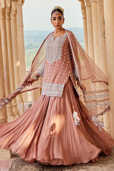 Shop_Amitabh Malhotra_Peach Georgette, Net Pearls, Sequins, Beads, Floral Embroidered Kurta Skirt Set _Online_at_Aza_Fashions