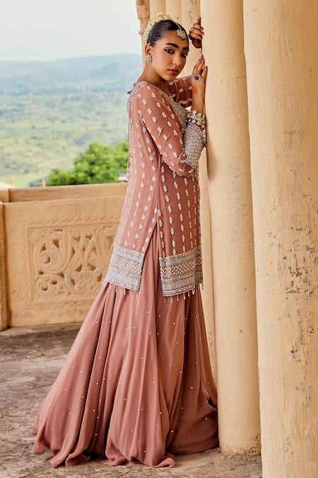 Buy_Amitabh Malhotra_Peach Georgette, Net Pearls, Sequins, Beads, Floral Embroidered Kurta Skirt Set 