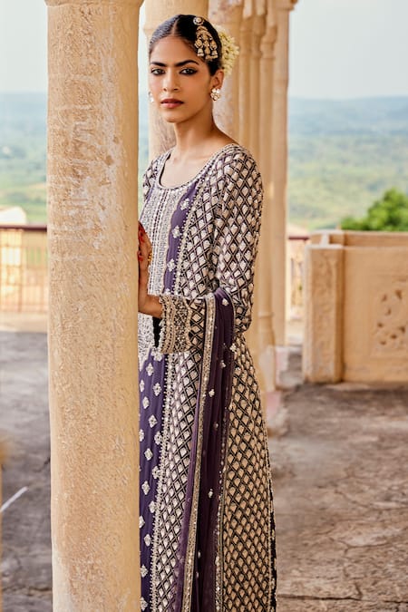 Buy_Amitabh Malhotra_Blue Georgette, Net Pearls, Sequins, Beads, Embroidered Kurta Sharara Set _Online_at_Aza_Fashions