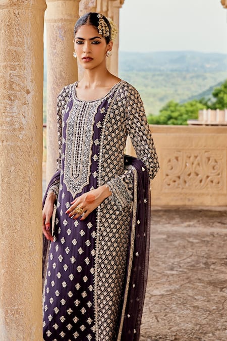 Shop_Amitabh Malhotra_Blue Georgette, Net Pearls, Sequins, Beads, Embroidered Kurta Sharara Set _Online_at_Aza_Fashions
