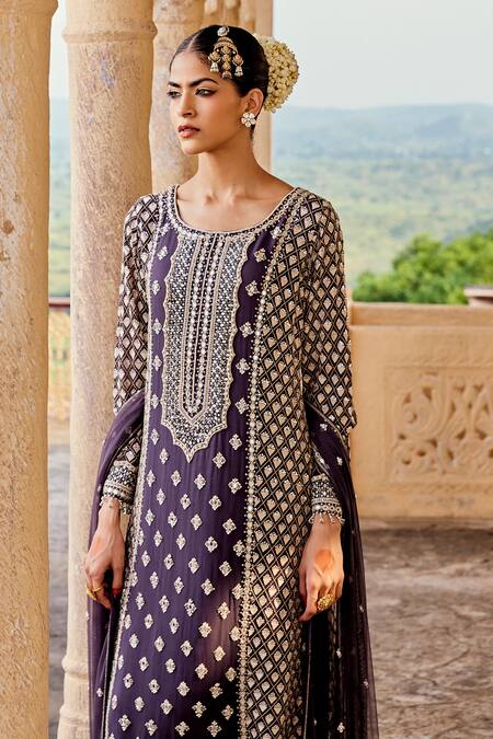Amitabh Malhotra_Blue Georgette, Net Pearls, Sequins, Beads, Embroidered Kurta Sharara Set _at_Aza_Fashions