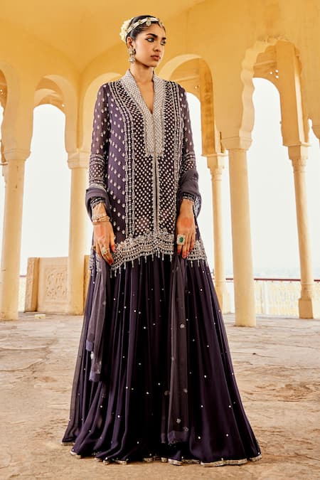 Buy Amitabh Malhotra Blue Georgette, Net Sequins, Beads, Embroidery V-neck Floral Kurta Skirt Set Online at Aza Fashions Buy_Amitabh Malhotra_Blue Georgette, Net Sequins, Beads, Embroidery V-neck Floral Kurta Skirt Set _Online_at_Aza_Fashions