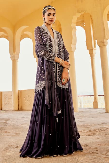 Shop Amitabh Malhotra Blue Georgette, Net Sequins, Beads, Embroidery V-neck Floral Kurta Skirt Set Online at Aza Fashions Shop_Amitabh Malhotra_Blue Georgette, Net Sequins, Beads, Embroidery V-neck Floral Kurta Skirt Set _Online_at_Aza_Fashions