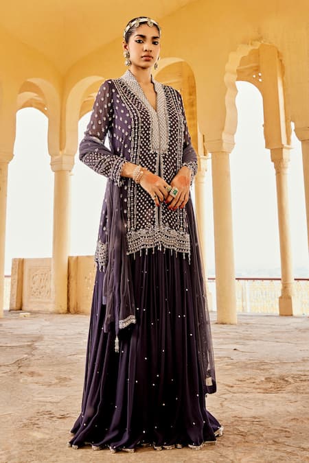 Amitabh Malhotra Blue Georgette, Net Sequins, Beads, Embroidery V-neck Floral Kurta Skirt Set at Aza Fashions Amitabh Malhotra_Blue Georgette, Net Sequins, Beads, Embroidery V-neck Floral Kurta Skirt Set _at_Aza_Fashions