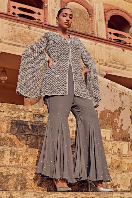 Buy_Amitabh Malhotra_Grey Georgette Sequins, Beads Round Neck Mughal Embroidered Jacket And Pant Set _Online_at_Aza_Fashions