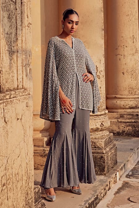 Shop_Amitabh Malhotra_Grey Georgette Sequins, Beads Round Neck Mughal Embroidered Jacket And Pant Set _Online_at_Aza_Fashions