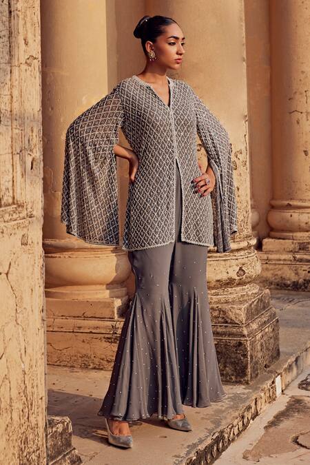 Amitabh Malhotra_Grey Georgette Sequins, Beads Round Neck Mughal Embroidered Jacket And Pant Set _at_Aza_Fashions