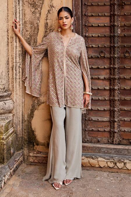 Buy_Amitabh Malhotra_Grey Georgette Sequins, Beads Mandarin Scalloped Embroidered Jacket And Pant Set _Online_at_Aza_Fashions