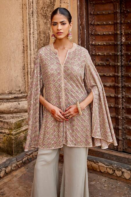 Shop_Amitabh Malhotra_Grey Georgette Sequins, Beads Mandarin Scalloped Embroidered Jacket And Pant Set _Online_at_Aza_Fashions