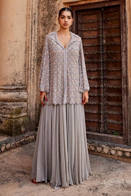 Buy_Amitabh Malhotra_Gray Georgette Sequins, Beads, Zari Collared Embroidered Grey Jacket And Pant Set _Online_at_Aza_Fashions