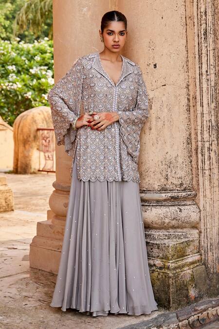 Shop_Amitabh Malhotra_Gray Georgette Sequins, Beads, Zari Collared Embroidered Grey Jacket And Pant Set _Online_at_Aza_Fashions