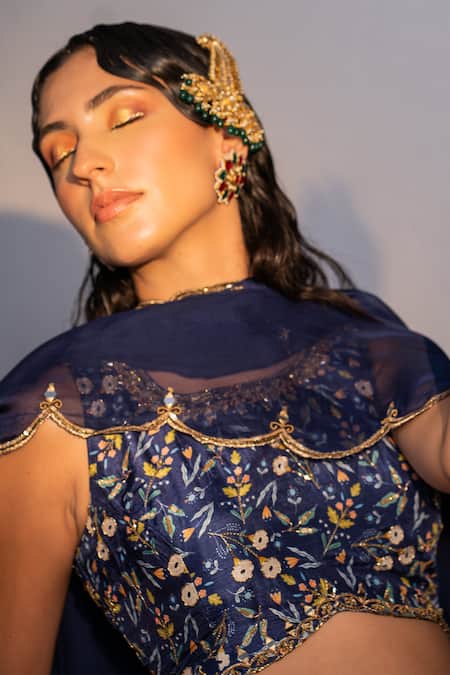 Redpine Designs_Blue Viscose, Georgette, Silk, Organza Floral Print Panelled Lehenga Set _Online_at_Aza_Fashions