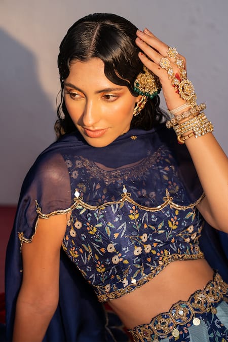 Buy_Redpine Designs_Blue Viscose, Georgette, Silk, Organza Floral Print Panelled Lehenga Set _Online_at_Aza_Fashions