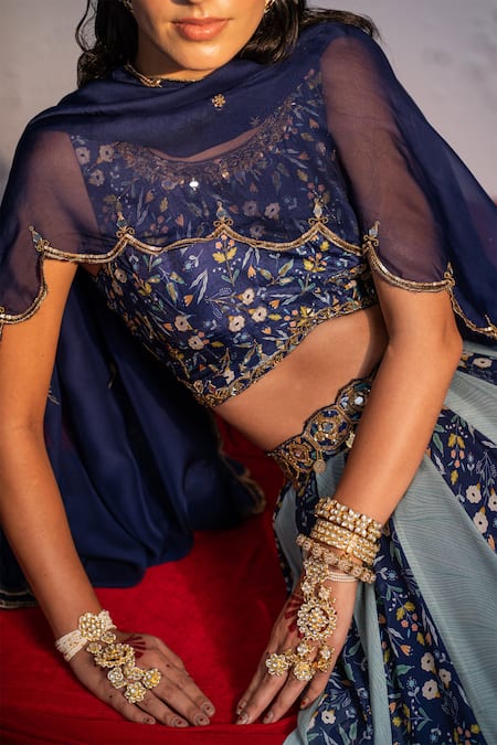 Shop_Redpine Designs_Blue Viscose, Georgette, Silk, Organza Floral Print Panelled Lehenga Set _Online_at_Aza_Fashions