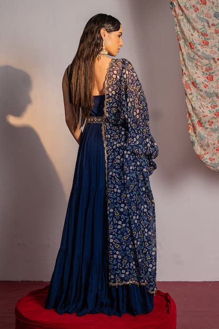 Redpine Designs Tiered Anarkali With Floral Print Dupatta 