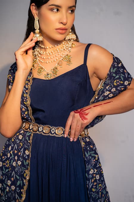 Redpine Designs_Blue Viscose, Georgette, Crepe Tiered Anarkali With Floral Print Dupatta _Online_at_Aza_Fashions